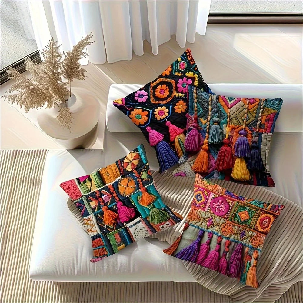 Boho Osterkissenbezüge – Leinen mit Quasten – 4er-Set