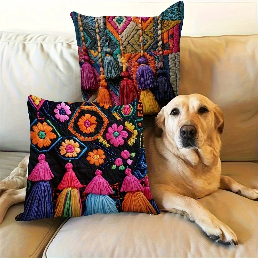 Boho Osterkissenbezüge – Leinen mit Quasten – 4er-Set