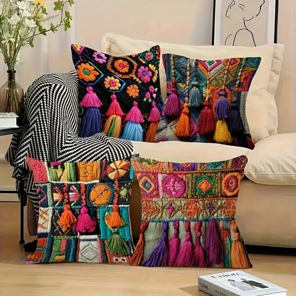 Boho Osterkissenbezüge – Leinen mit Quasten – 4er-Set