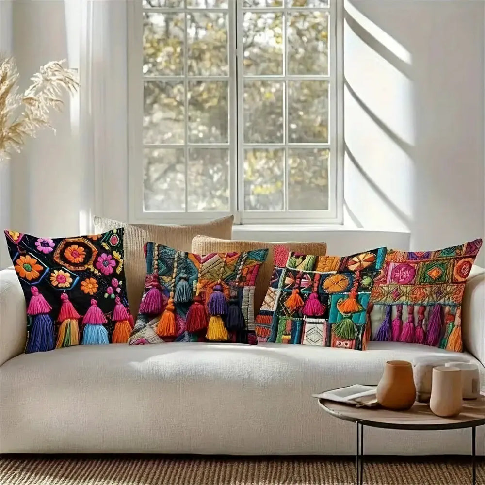 Boho Osterkissenbezüge – Leinen mit Quasten – 4er-Set