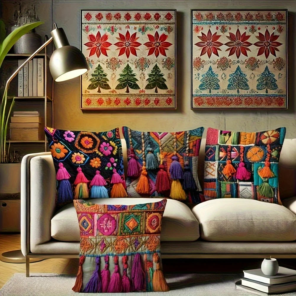 Boho Osterkissenbezüge – Leinen mit Quasten – 4er-Set