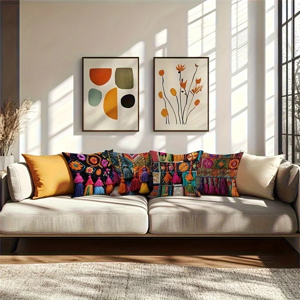 Boho Osterkissenbezüge – Leinen mit Quasten – 4er-Set