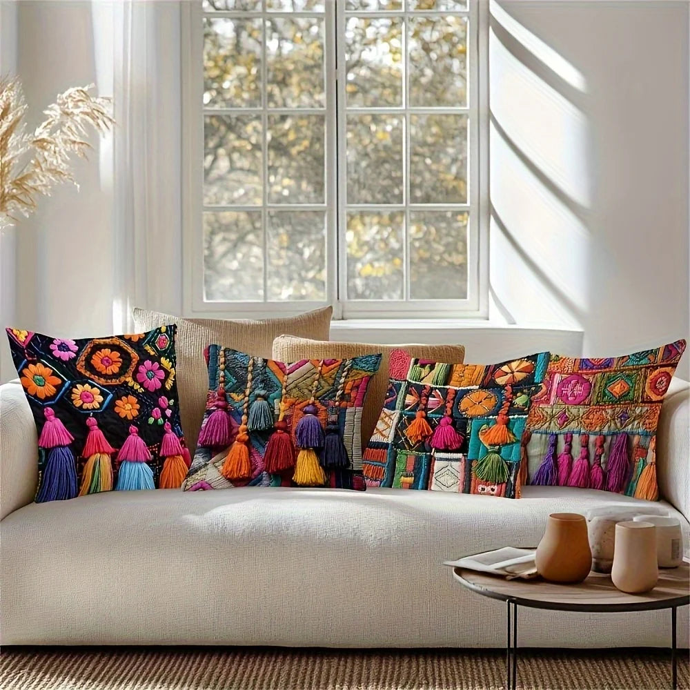 Boho Osterkissenbezüge – Leinen mit Quasten – 4er-Set