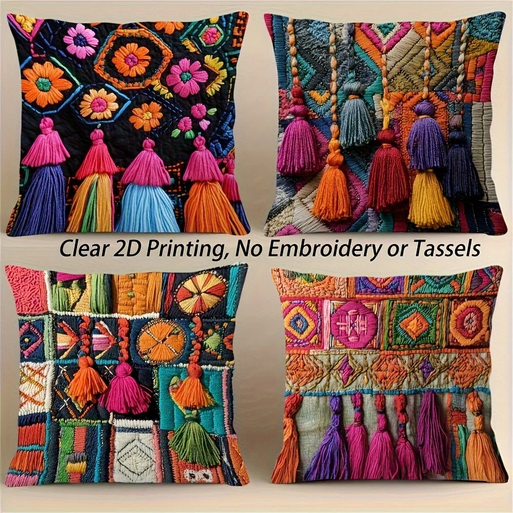 Boho Osterkissenbezüge – Leinen mit Quasten – 4er-Set