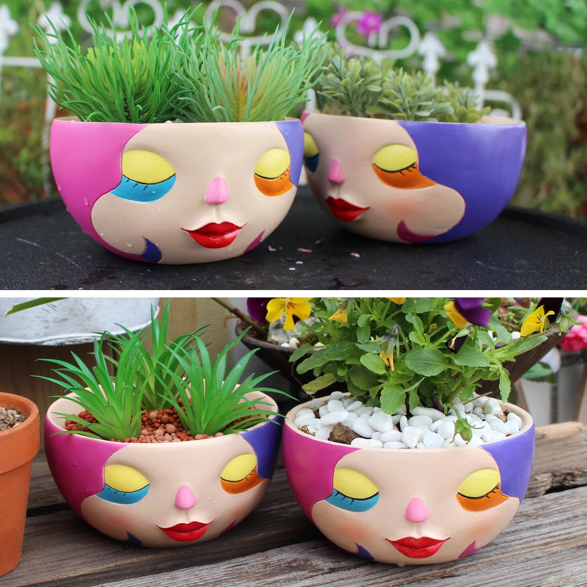 Bunter Harz Blumentopf – Modernes Gesicht Design Desktop