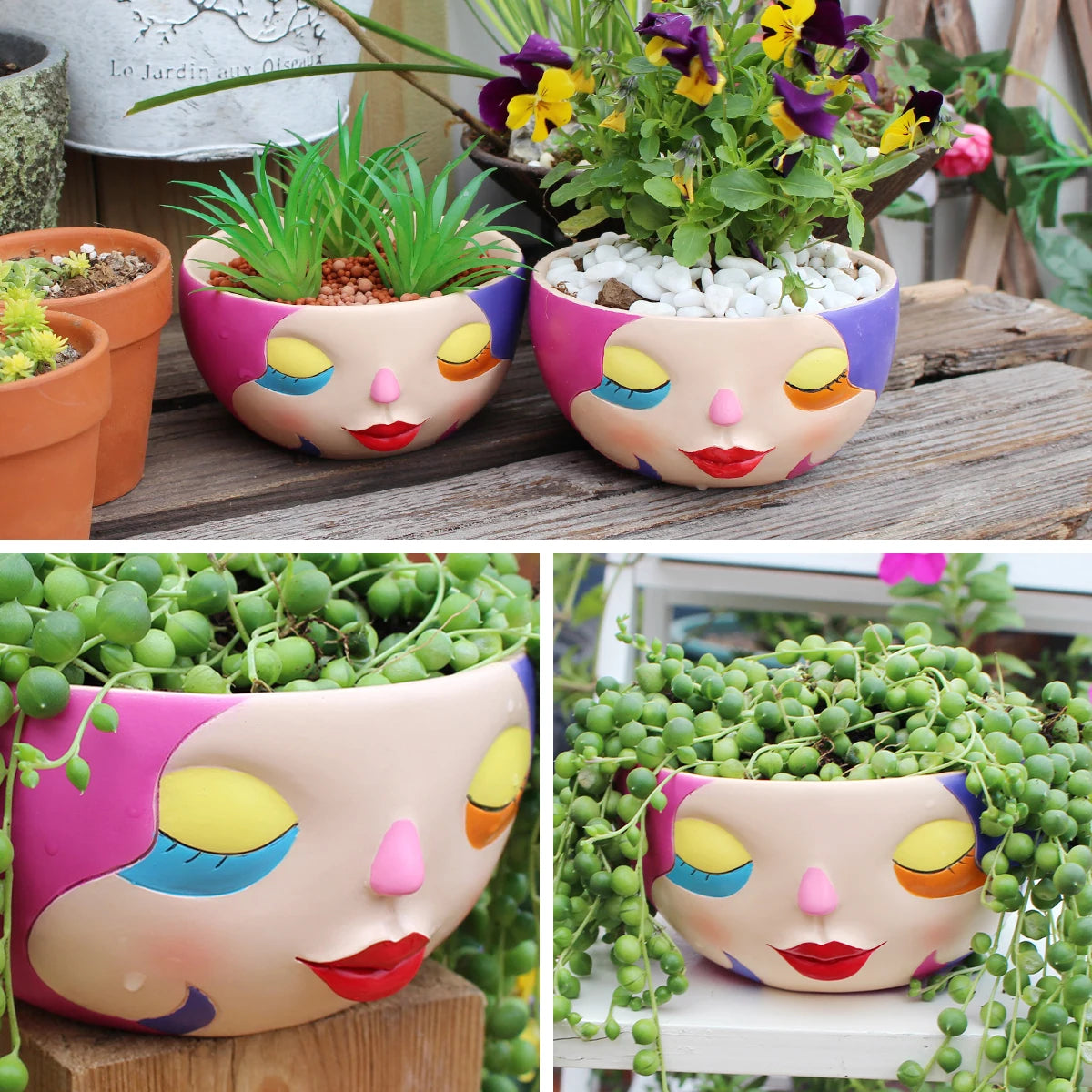 Bunter Harz Blumentopf – Modernes Gesicht Design Desktop