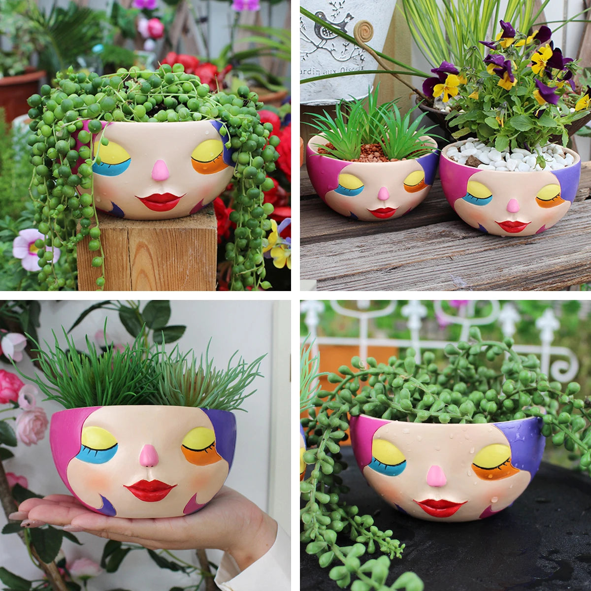 Bunter Harz Blumentopf – Modernes Gesicht Design Desktop