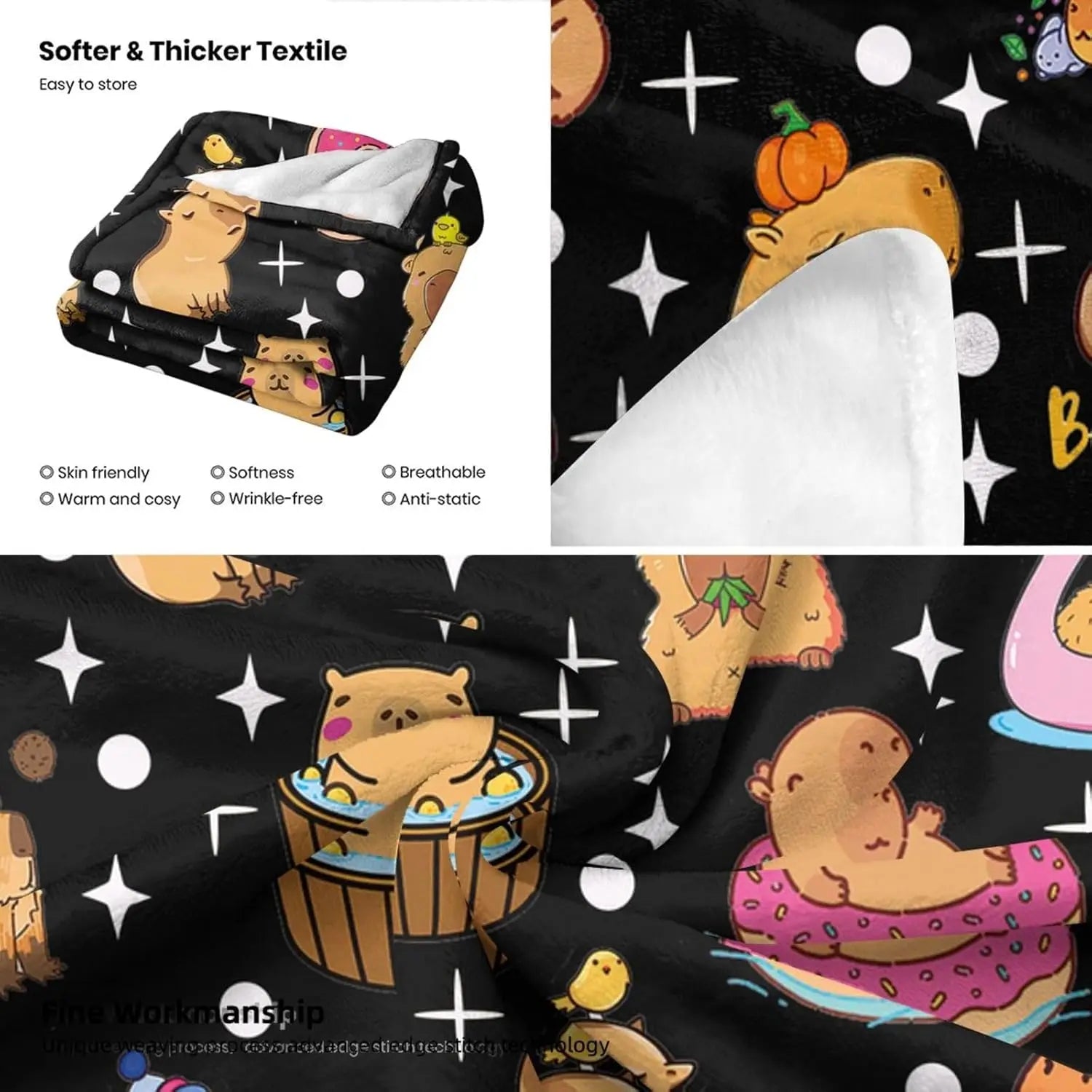 Capybara Kuscheldecke aus weichem Flanell mit Cartoonstil Design, Farbe: Mehrfarbig, Grösse: 150x220cm