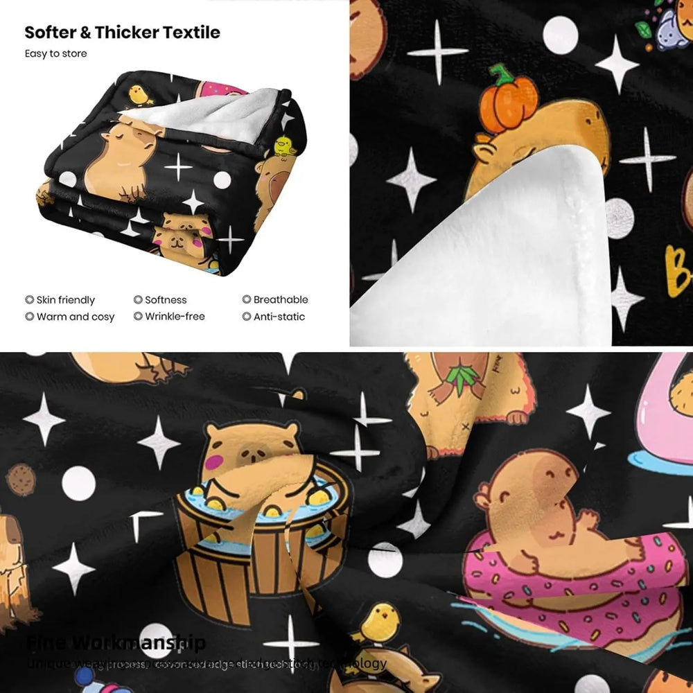 Capybara Kuscheldecke aus weichem Flanell mit Cartoonstil Design, Farbe: Mehrfarbig, Grösse: 150x220cm