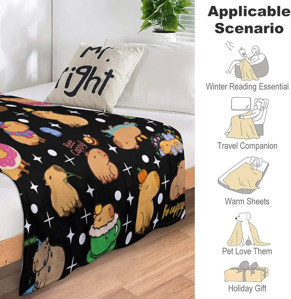 Mehrfarbige Capybara-Kuscheldecke im Cartoonstil aus Polyester, Grösse 150x220 cm