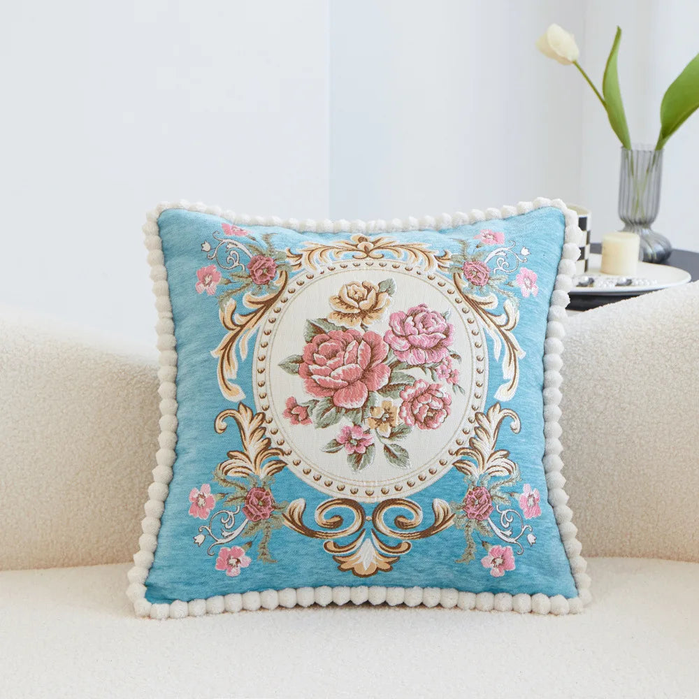 Chenille Blumenkissenbezug – Vintage Bestickt 48cm