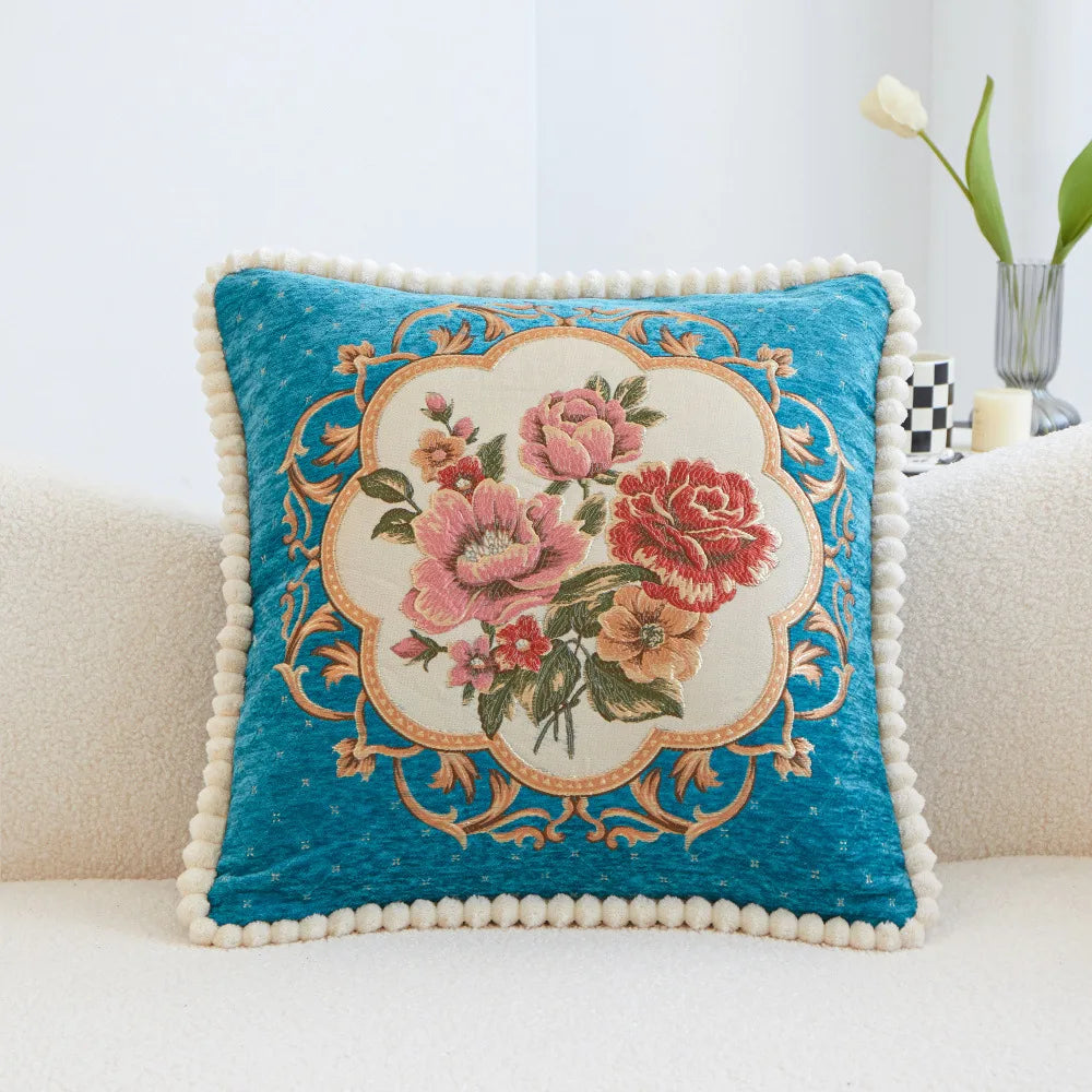 Chenille Blumenkissenbezug – Vintage Bestickt 48cm