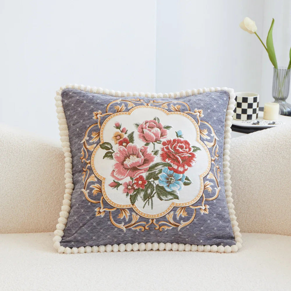 Chenille Blumenkissenbezug – Vintage Bestickt 48cm