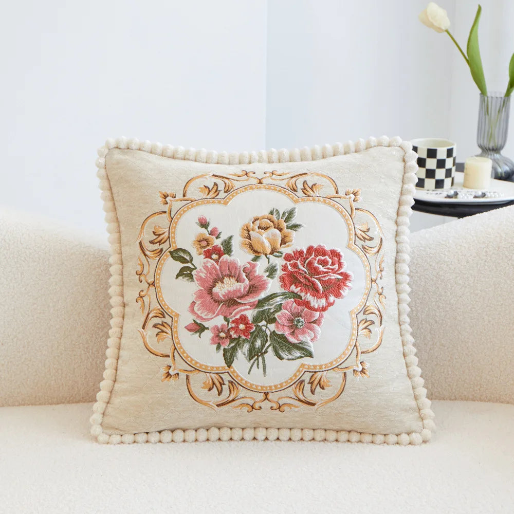 Chenille Blumenkissenbezug – Vintage Bestickt 48cm