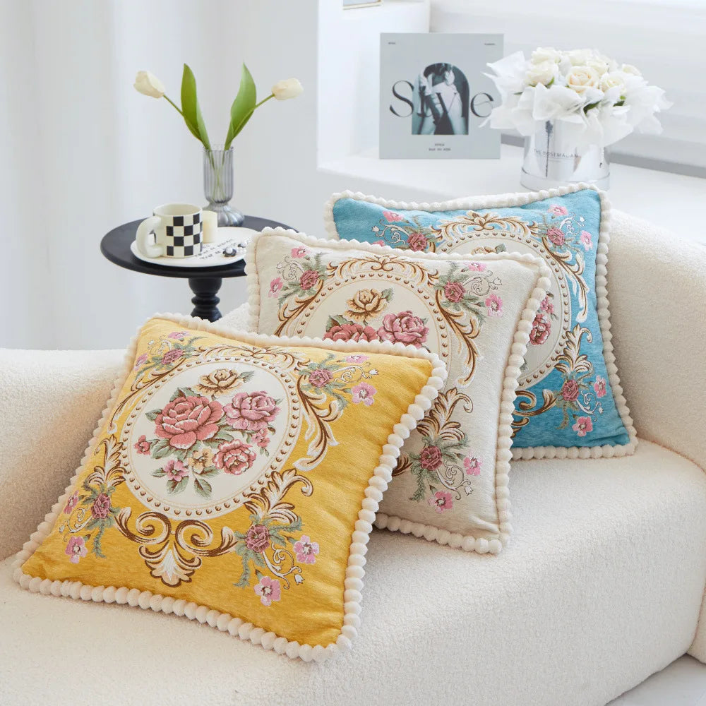 Chenille Blumenkissenbezug – Vintage Bestickt 48cm