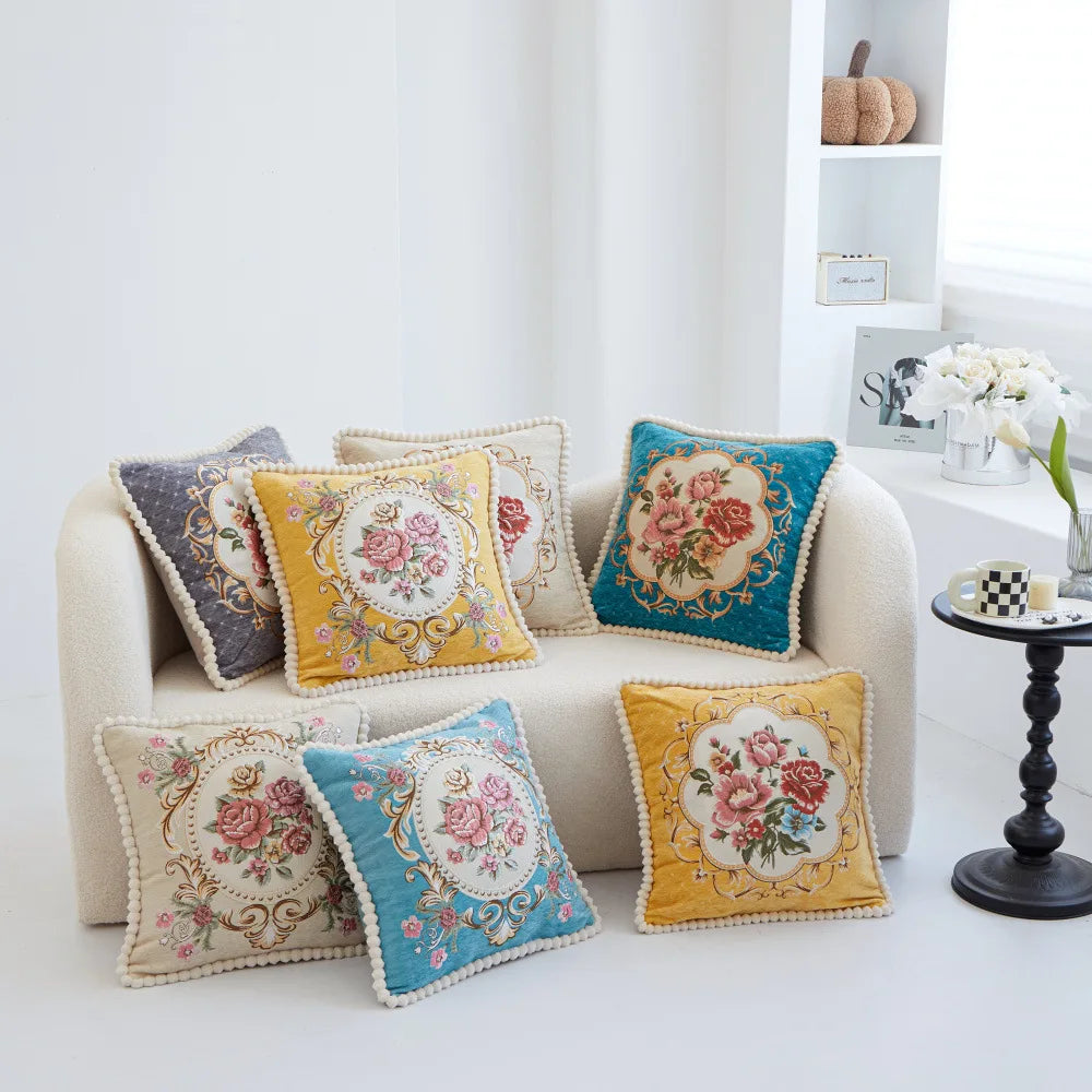 Chenille Blumenkissenbezug – Vintage Bestickt 48cm
