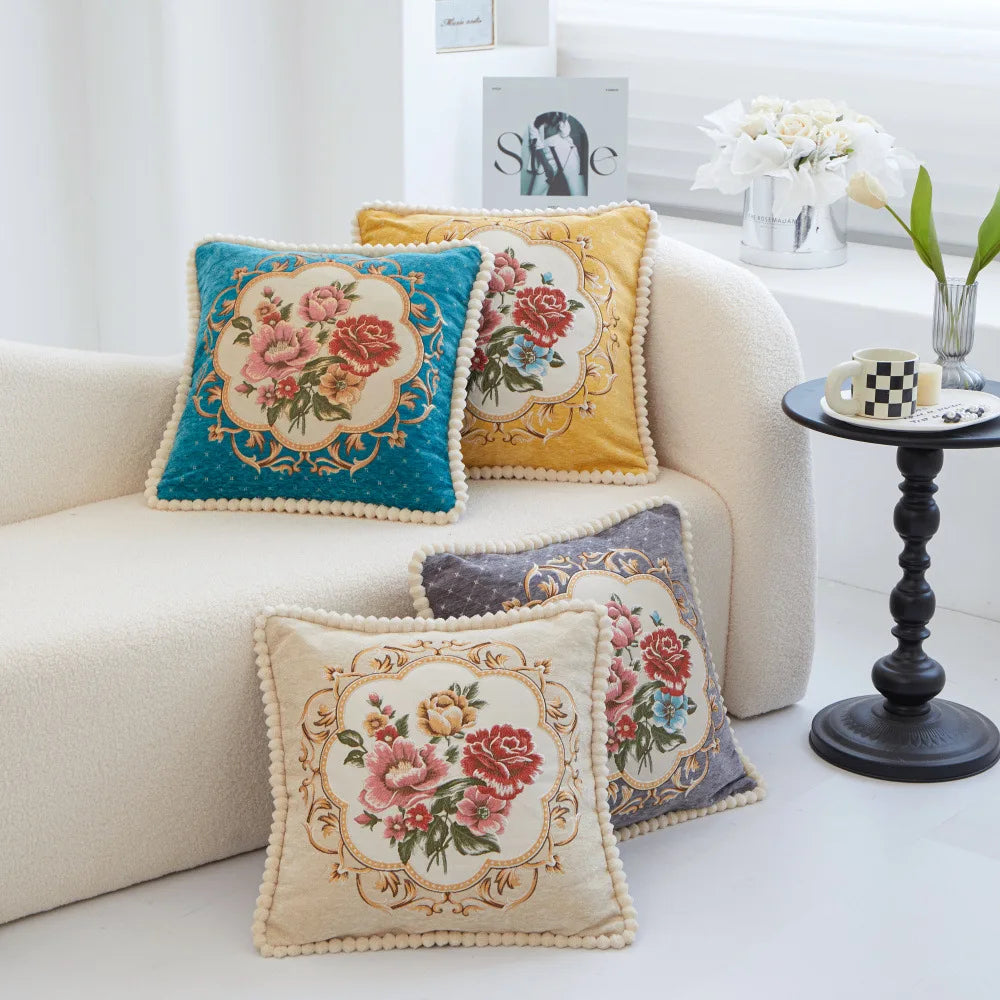 Chenille Blumenkissenbezug – Vintage Bestickt 48cm