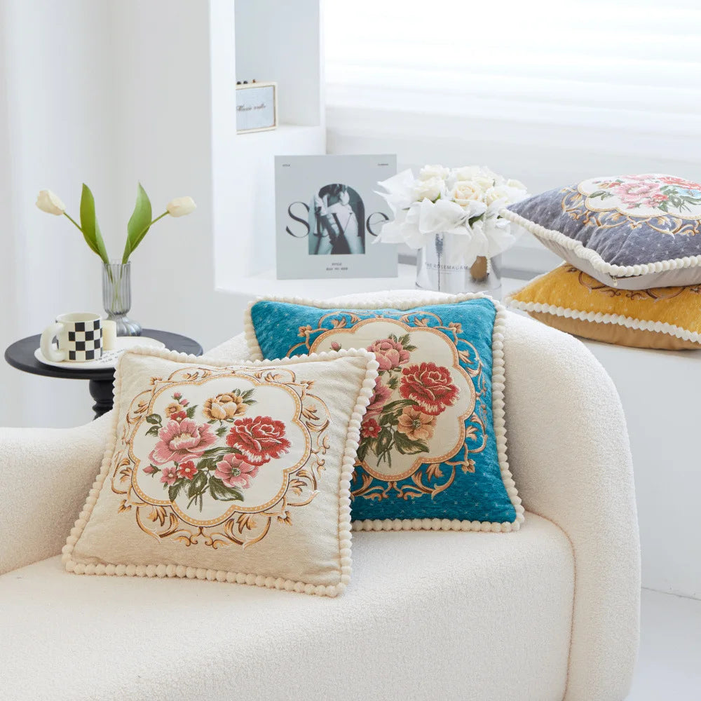 Chenille Blumenkissenbezug – Vintage Bestickt 48cm