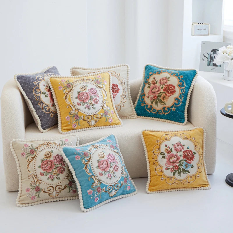 Chenille Blumenkissenbezug – Vintage Bestickt 48cm