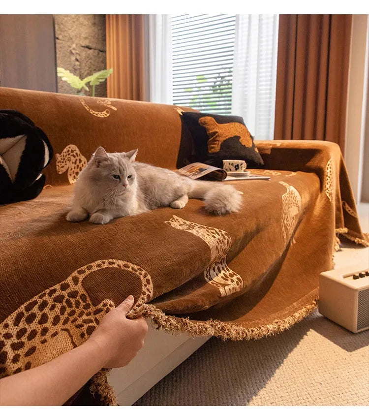 Chenille-Überwurf aus Polyester mit Leopard-Jacquard-Muster, Grösse: 180x380 cm, Farbe: 2