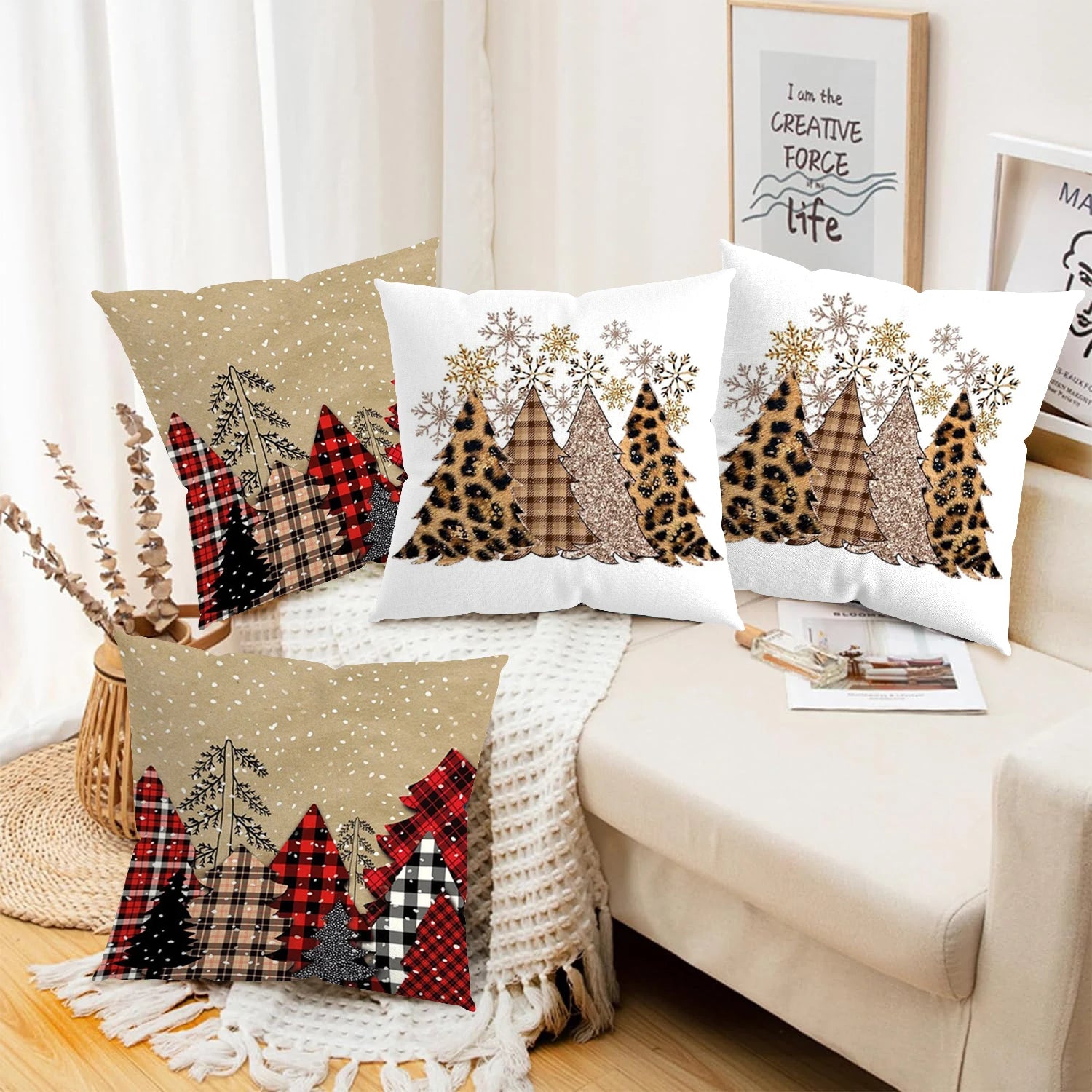 Rotes Weihnachtbaum-Dekokissen aus Polyester, 45x45 cm, für Wohnzimmer