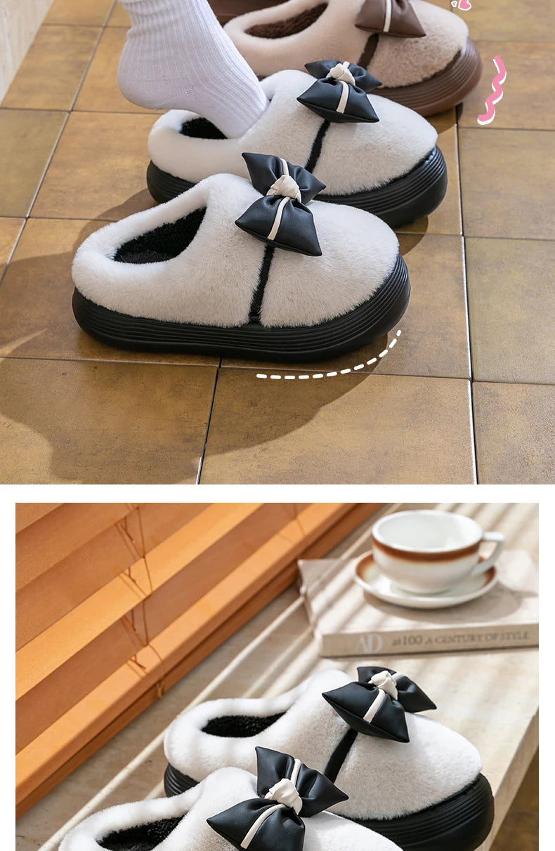 Damen Baumwollhausschuhe – Schleifenknoten Fleecegefüttert – Indoor Komfort