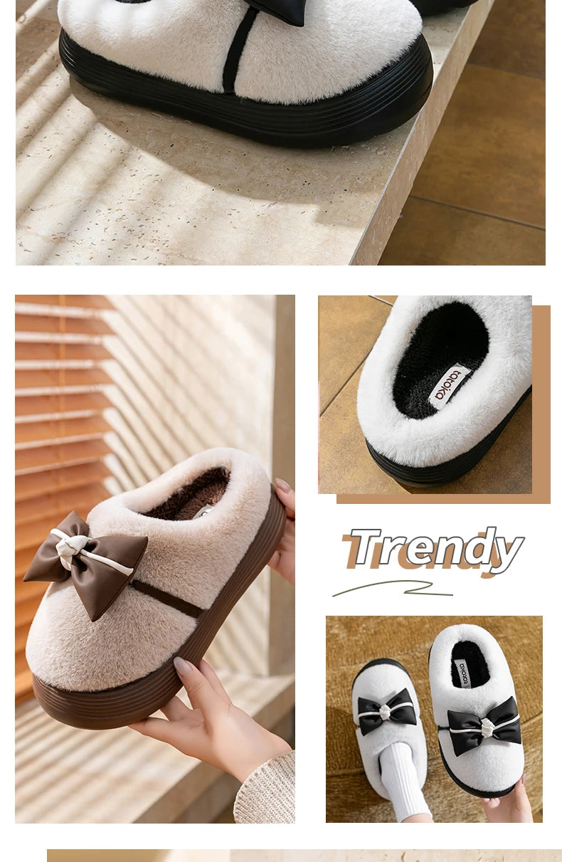 Damen Baumwollhausschuhe – Schleifenknoten Fleecegefüttert – Indoor Komfort