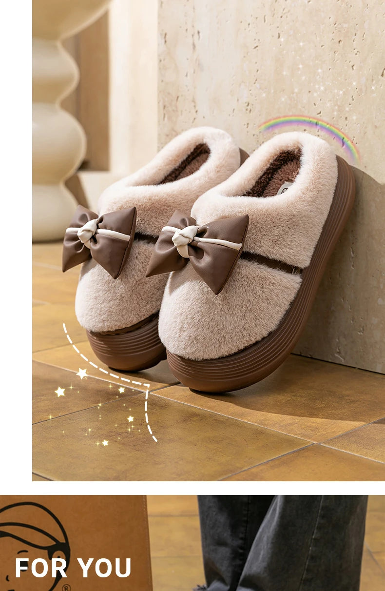 Damen Baumwollhausschuhe – Schleifenknoten Fleecegefüttert – Indoor Komfort