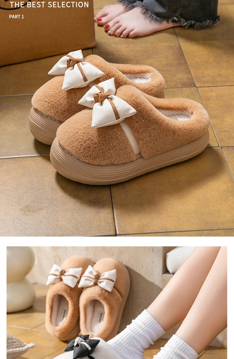 Damen Baumwollhausschuhe – Schleifenknoten Fleecegefüttert – Indoor Komfort