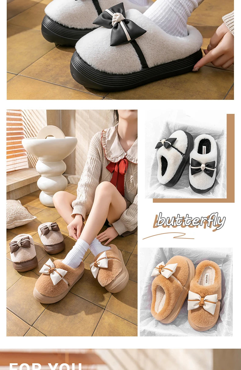 Damen Baumwollhausschuhe – Schleifenknoten Fleecegefüttert – Indoor Komfort