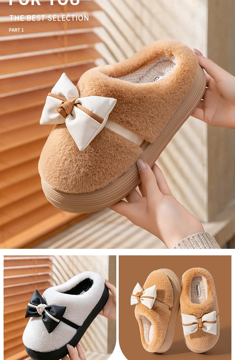 Damen Baumwollhausschuhe – Schleifenknoten Fleecegefüttert – Indoor Komfort