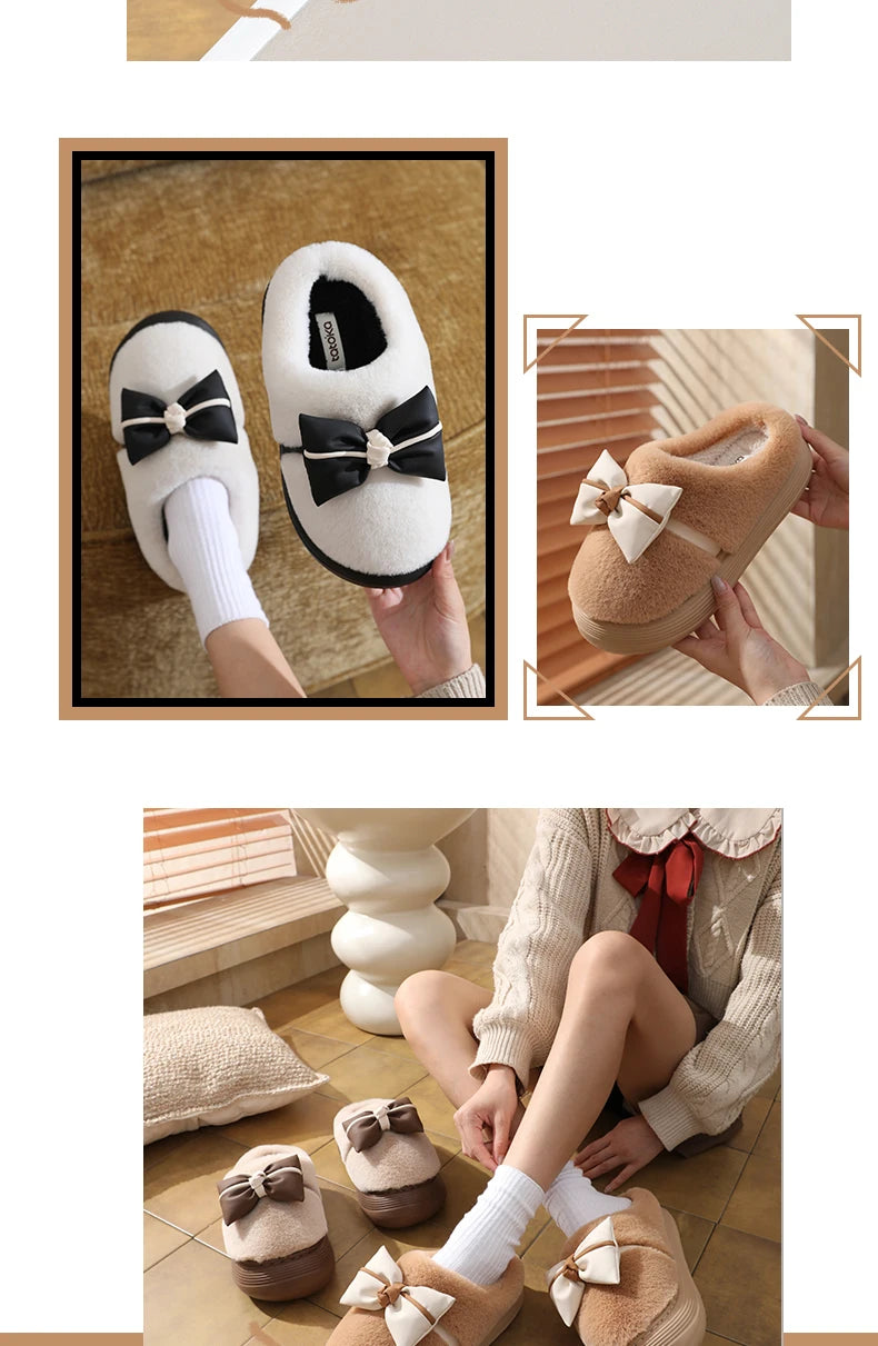 Damen Baumwollhausschuhe – Schleifenknoten Fleecegefüttert – Indoor Komfort