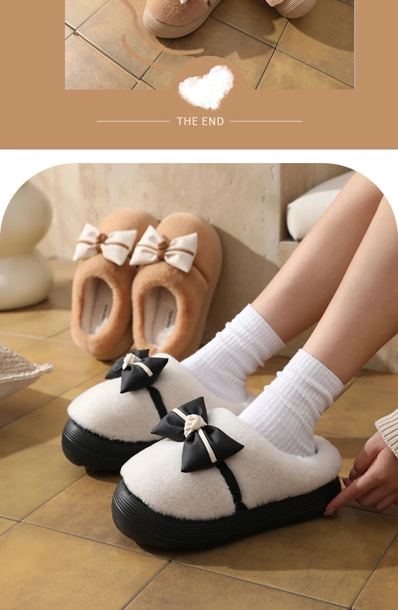 Damen Baumwollhausschuhe – Schleifenknoten Fleecegefüttert – Indoor Komfort