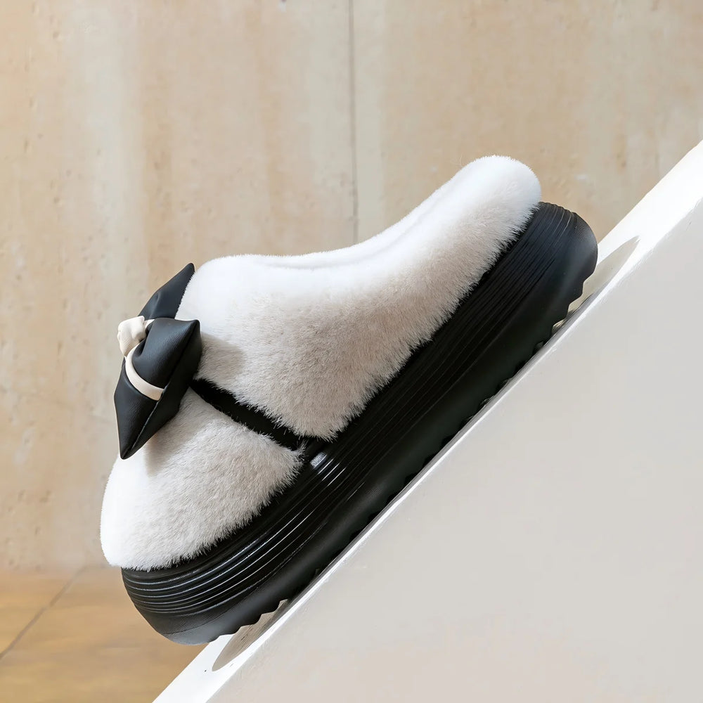 Damen Baumwollhausschuhe – Schleifenknoten Fleecegefüttert – Indoor Komfort