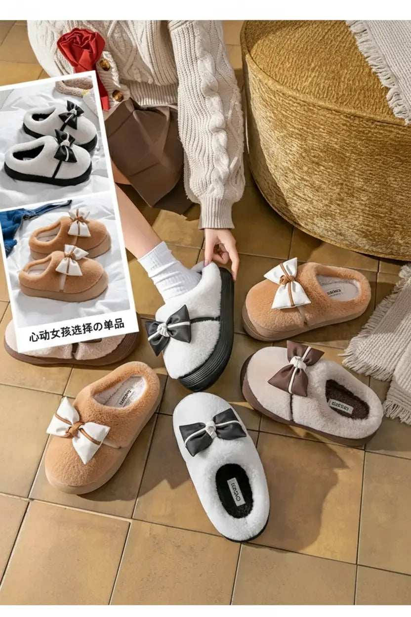 Damen Baumwollhausschuhe – Schleifenknoten Fleecegefüttert – Indoor Komfort