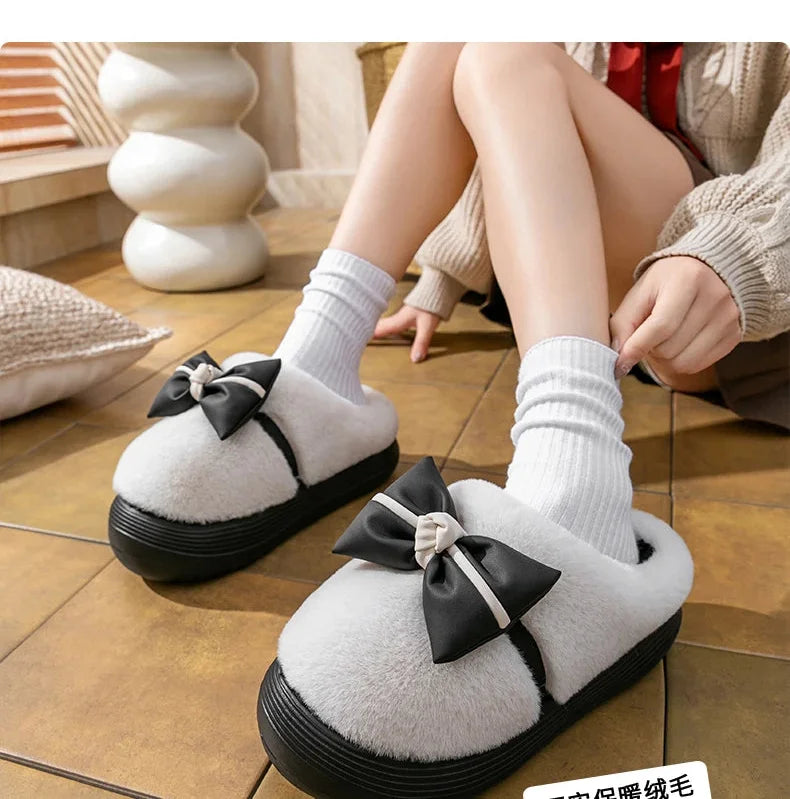 Damen Baumwollhausschuhe – Schleifenknoten Fleecegefüttert – Indoor Komfort