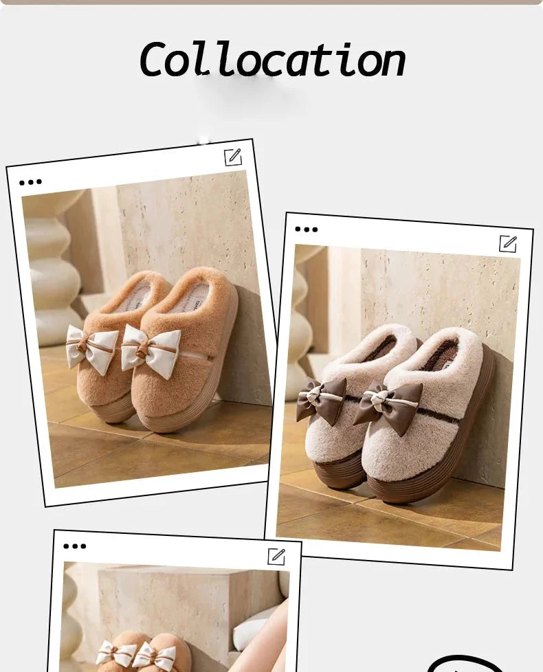 Damen Baumwollhausschuhe – Schleifenknoten Fleecegefüttert – Indoor Komfort