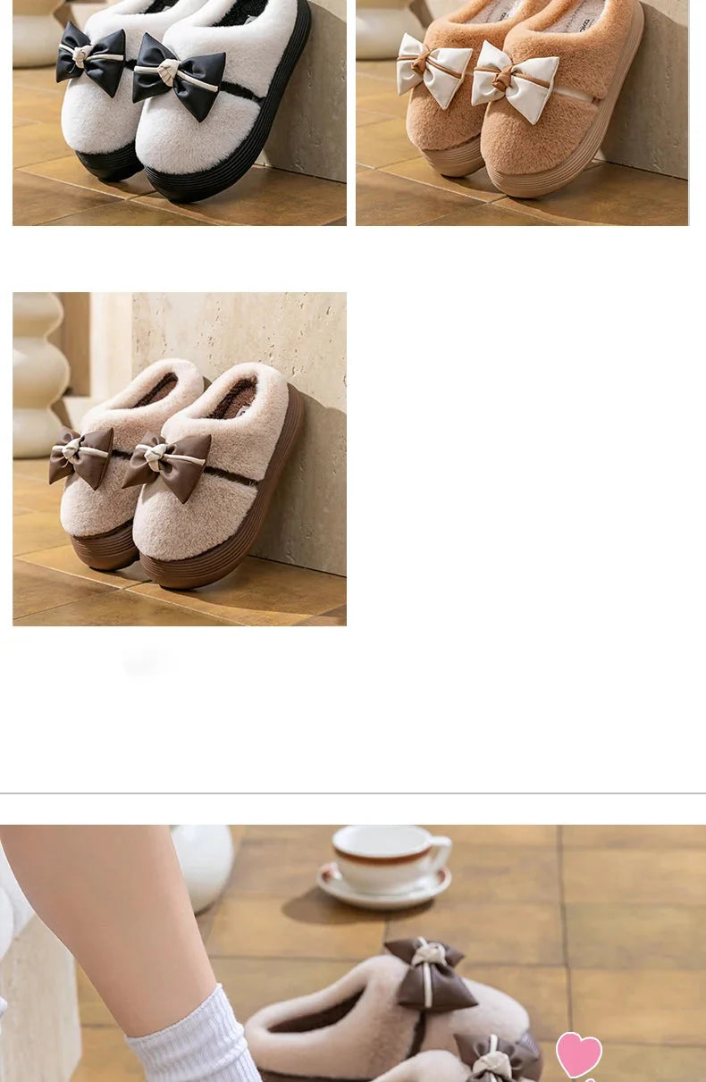 Damen Baumwollhausschuhe – Schleifenknoten Fleecegefüttert – Indoor Komfort