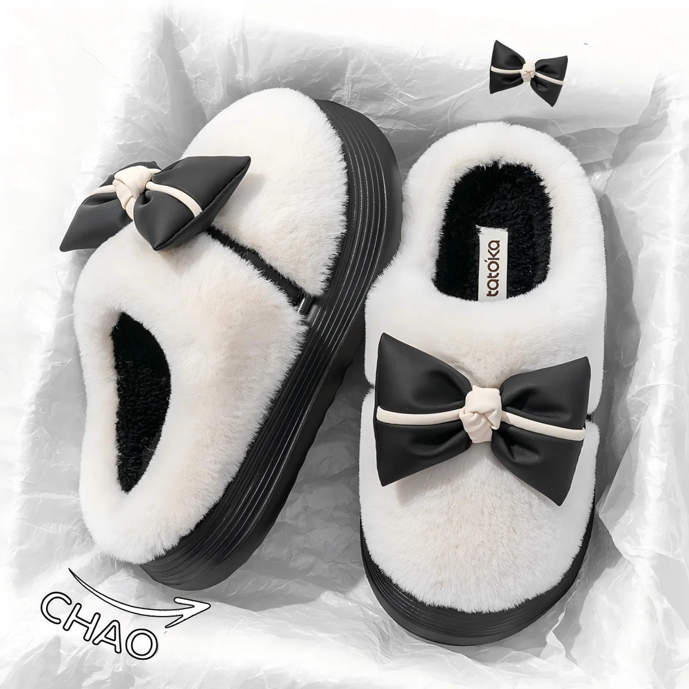 Damen Baumwollhausschuhe – Schleifenknoten Fleecegefüttert – Indoor Komfort