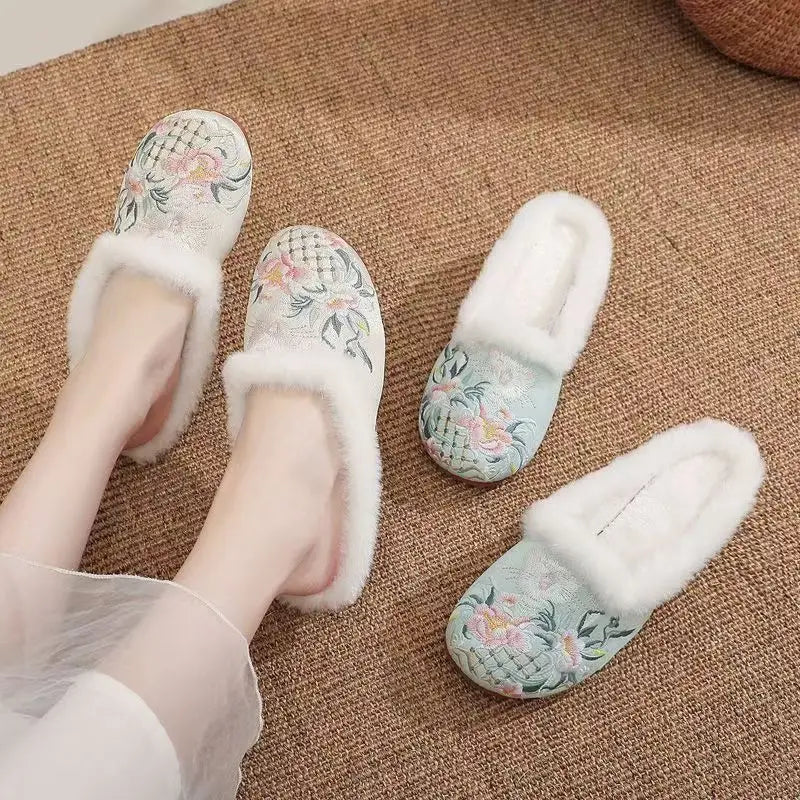 Damen Baumwollpantoffeln in Beige mit Plüsch-Innensohle und Patchwork-Muster