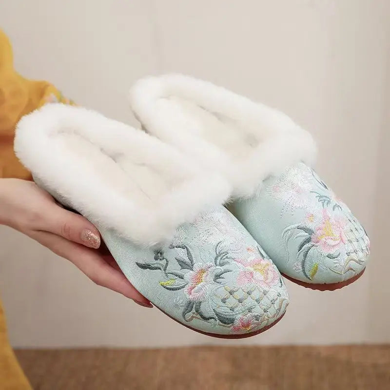Damen-Pantoffeln aus Baumwolle in Blau mit Patchwork-Muster