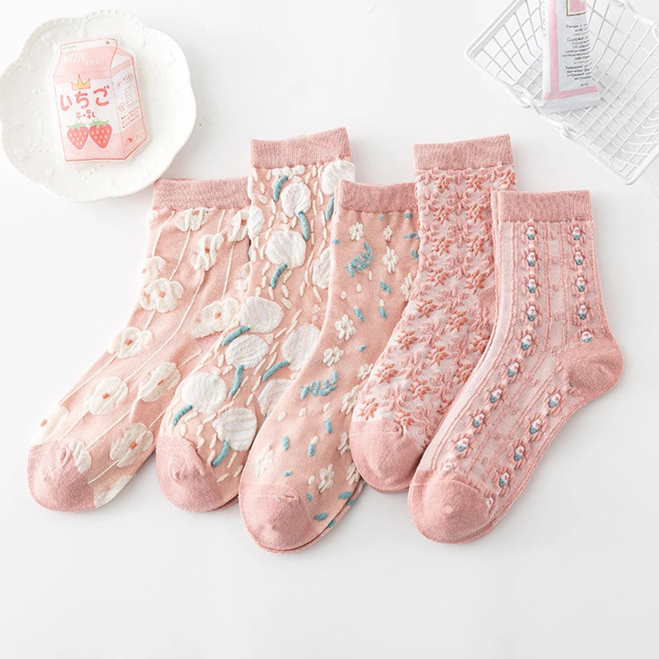 Damen Baumwollsocken – 3D Blumenstil – 5er Set