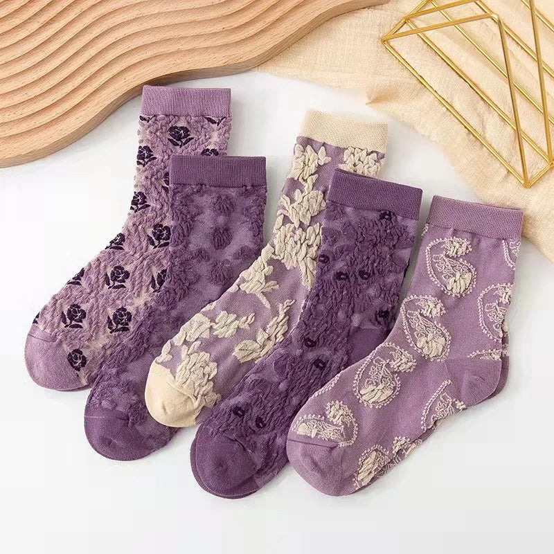 Damen Baumwollsocken – 3D Blumenstil – 5er Set