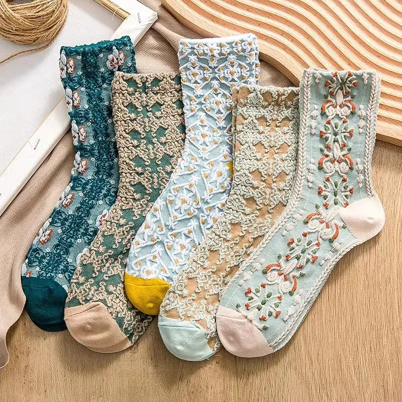Damen Baumwollsocken – 3D Blumenstil – 5er Set