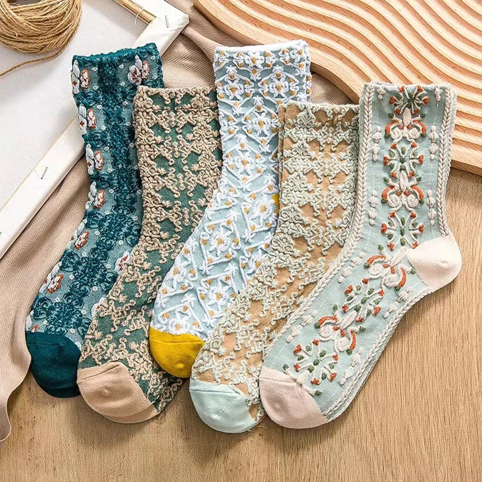 Damen Baumwollsocken – 3D Blumenstil – 5er Set
