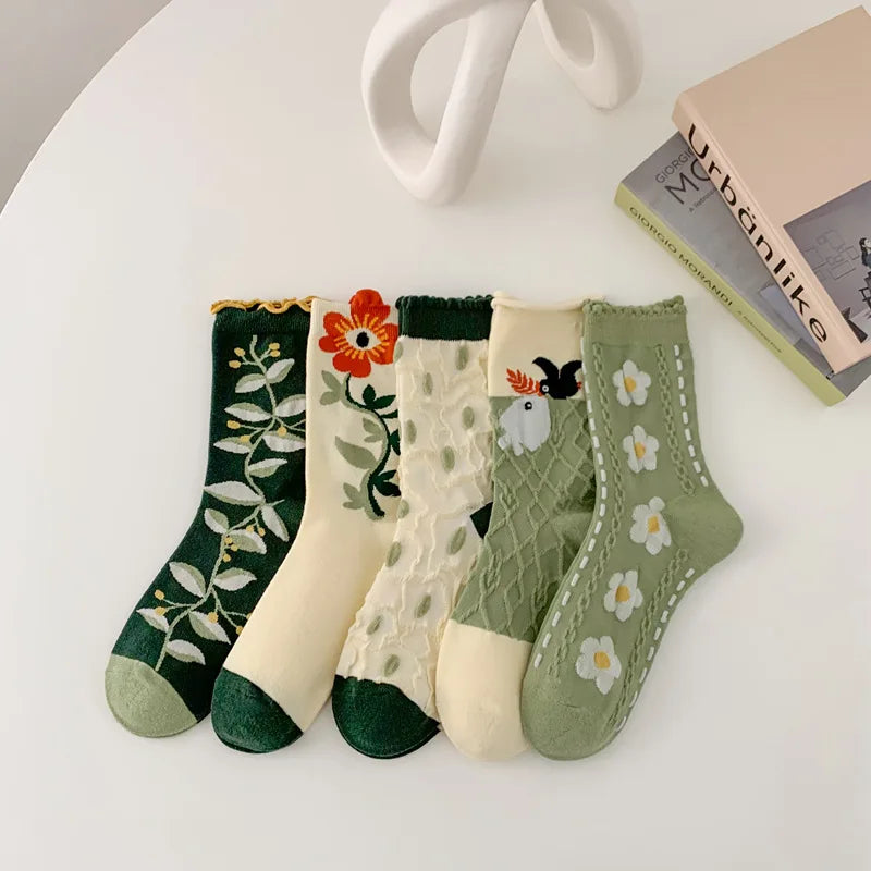 Damen Mittelhohe Socken – Florales Muster – 5er Set
