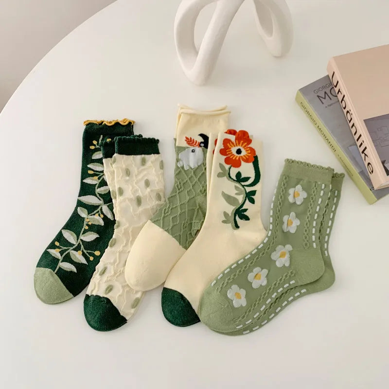 Damen Mittelhohe Socken – Florales Muster – 5er Set