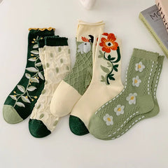 Damen Mittelhohe Socken – Florales Muster – 5er Set