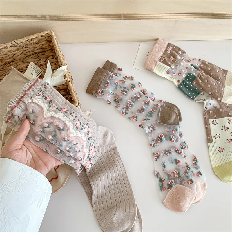 Damen Socken Blumenmuster – Retro-Stil, Transparent