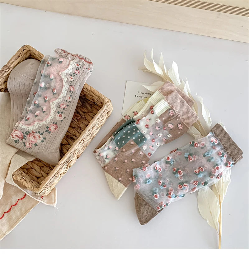 Damen Socken Blumenmuster – Retro-Stil, Transparent